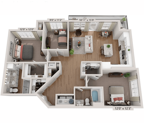 Floor plan for 3 beds, 2 baths, 1285 sqft